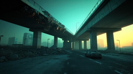 Deserted highway underpass in a post-apocalyptic city.