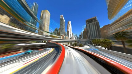 Obraz premium A futuristic city street race course with urban skyscrapers in the background.