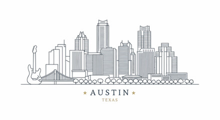 Line Art Skyline of Austin, Texas with Iconic Guitar