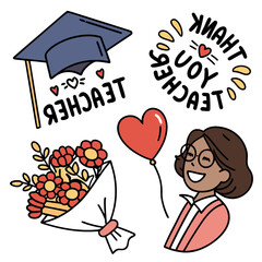 Teacher appreciation elements graduation cap flowers balloon