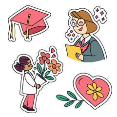 Graduation cap and happy people with flowers tassel