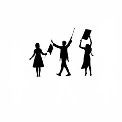 Silhouette of students acting in a school play on white background