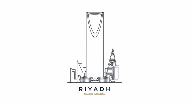 Minimalist Line Art Depicting Riyadh Skyline, Saudi Arabia, Modern Design.