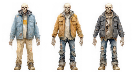 Three isolated skeletons in various jackets standing, isolated on transparent background
