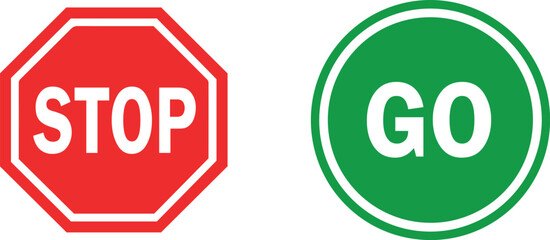 Red stop sign and green go sign symbols for traffic and decision making
