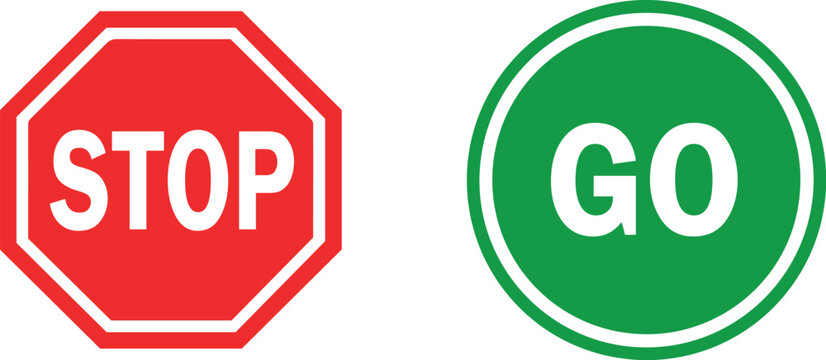 Red stop sign and green go sign symbols for traffic and decision making