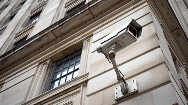 Security camera surveillance on side of building
