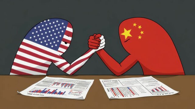 Animated figures of the US and China arm wrestle over trade policies and economic data