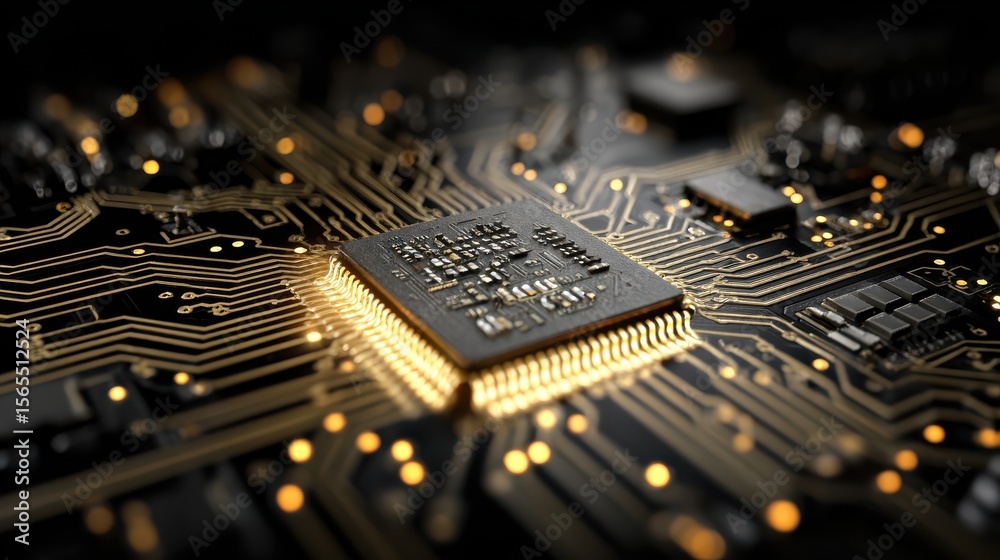 Poster close-up of a glowing computer chip with intricate circuit patterns on a dark motherboard background