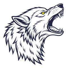 Fierce wolf head roaring with sharp teeth and yellow eyes