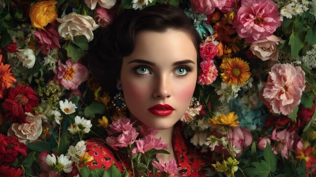 fashion portrait of a Caucasian woman surround with flowers in retro vintage nostalgia vibe.