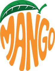 Stylized mango fruit word art with green leaf on white background