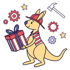 Delightful Silly Kangaroo in a Labor Day scene with carrying a gift box – Worker’s Pride vector illustration