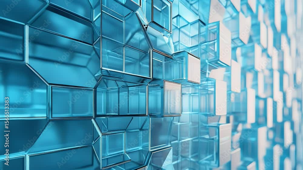 Poster abstract 3d rendering of a geometric structure with reflective surfaces and a gradient color scheme.