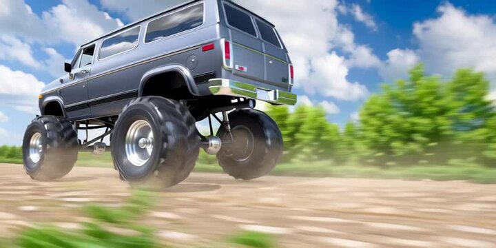 A van with monster truck lift kit driving down the dirt road