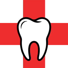 Stylized white tooth icon centered on a red cross symbol