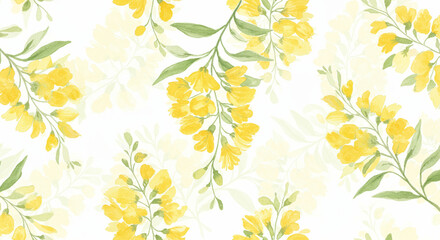 A seamless pattern of yellow floral branches with soft green leaves on a white background, giving a fresh, light, and cheerful spring or summer vibe perfect for textiles or stationery.