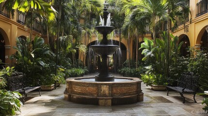 A luxurious hotel courtyard with a grand three-tier marble fountain, surrounded by palm trees and wrought iron benches. Water flows continuously, echoing serenity.