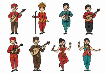 Cartoon characters in traditional Indian attire performing music and singing illustration.