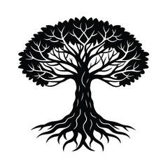 Obraz premium Detailed leafy tree with roots black silhouette vector illustration