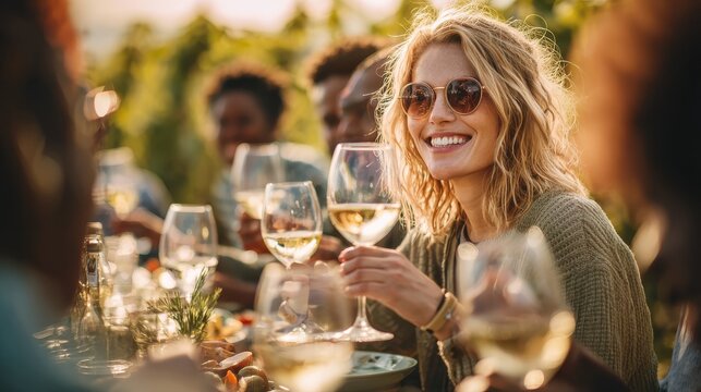 Happy adult friends having fun drinking white wine and eating together with vineyard in background - Multiracial people doing dinne at summer time in countryside resort - Main focus on blond girl fac