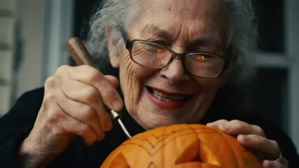 Elderly woman carving a Halloween pumpkin on her porch, with glowing eyes and autumn decorations nearby