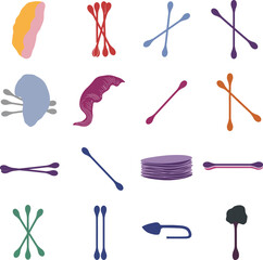 Colorful Cotton Swabs, Pads, and Hygiene Tools Set, Featuring Vibrant Illustrations of Cotton Buds and Personal Care Accessories.