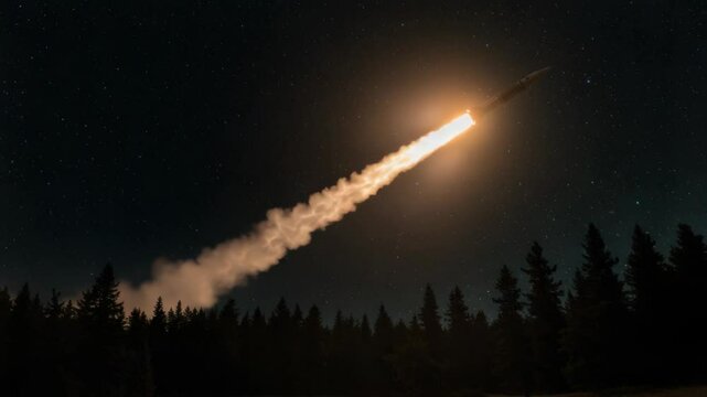 Spectacular Night Launch: A Rocket Soaring Through the Starry Sky Above Forest Horizon