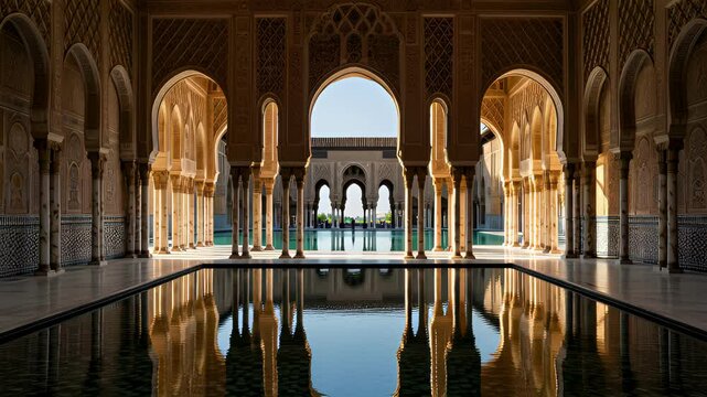 Serene reflections in Moorish courtyard architecture, showcasing intricate design and tranquil