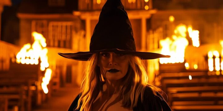 Salem witch trial concept with an evil witch burning the religious courthouse