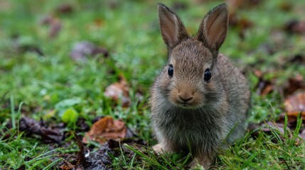 Fototapeta premium A scared baby rabbit on a meadow in a park. In shock, unsure whether to flee. Very common in Frankfurt parks. Wet after a rain shower , no logos, no brands