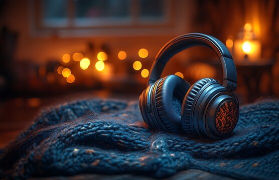 Cozy Winter Nights Listening to Music with Over-Ear Headphones - Powered by Adobe