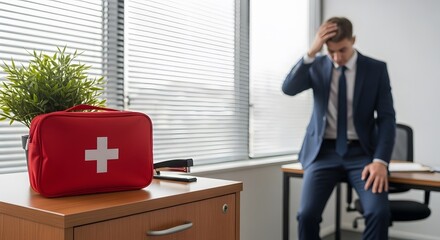 Anxious businessman sitting at his desk beside a first aid kit in an office, dealing with workplace health concerns.