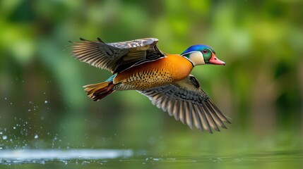 Obraz premium Graceful Duck with Vibrant Plumage Flapping Wings Over Serene Pond Waters