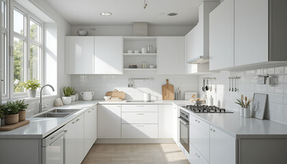 Fototapeta premium Bright modern kitchen showcases white cabinetry, countertops, and natural light streaming through the window, creating a clean and inviting space.