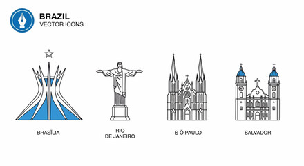 Brazil City Landmarks Vector Icons: Brasilia, Rio de Janeiro, S?o Paulo, Salvador