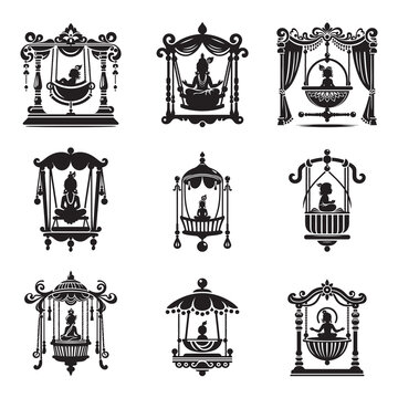 Silhouette icon of Krishna&rsquo;s cradle palna hanging by ropes, traditional wooden baby swing, flat black vector on white background