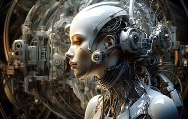 Fototapeta premium Futuristic female cyborg portrait with intricate cybernetic details and glowing elements. AI, robotics, and advanced technology concept for a sci-fi vision. Cyborg 4K Wallpaper backgrounds