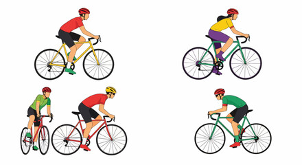 Fototapeta premium Cyclists on Road Bikes: Diverse Colors, Helmets, and Athletic Poses, Vector Illustration