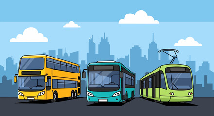 Colorful City Public Transport Illustration - Double Decker Bus, Teal Bus, and Light Green Tram