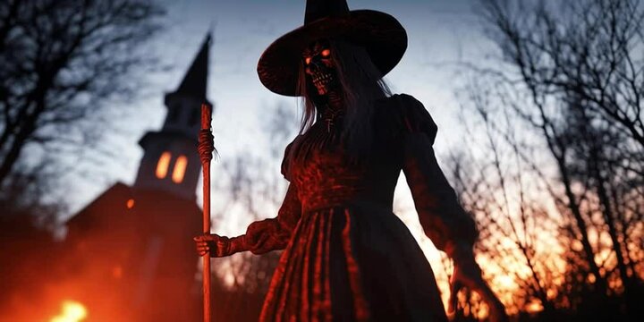 Salem witch trial concept with an evil witch burning the religious courthouse