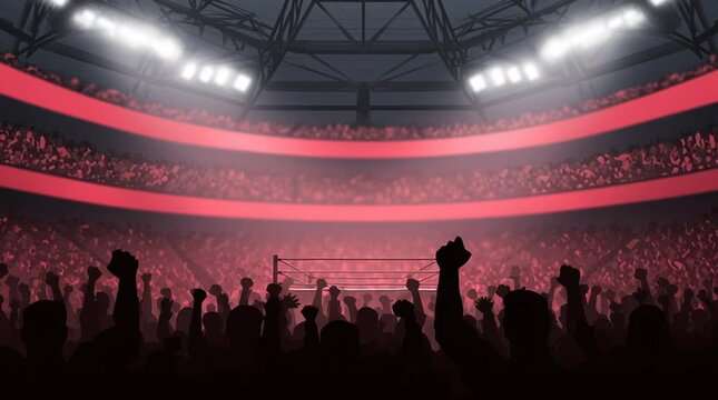 Sold out crowd full of fans are cheering in the stadium for the boxing or wrestling match