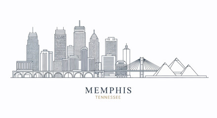 Memphis Tennessee Skyline Vector Illustration with Buildings, Bridge, and Pyramids