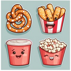 Whimsical Cartoon Pretzel Icons - Playful and Cheerful Cinema Snack Illustration