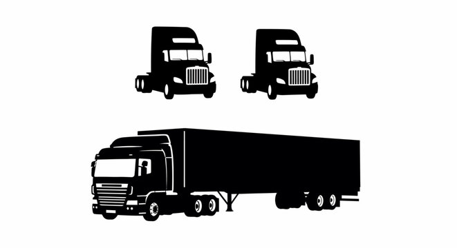 Black Silhouette Set of Semi Trucks: Cab-Over and Tractor-Trailer