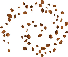 Flying curve swirl line with coffee beans vector illustration on transparent background