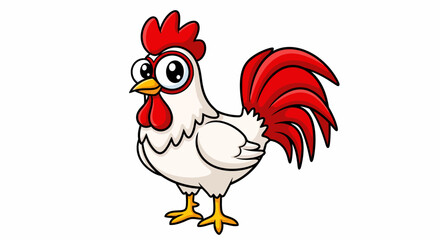 Cartoon Rooster Illustration: White Rooster with Red Comb and Tail Feathers, Standing Pose