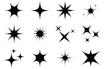 Sparkle Icons. Twinkle stars set. Shine star icons. Shine, glitter, twinkling star.  star shapes suggesting sparkle or cleanliness in solid black.