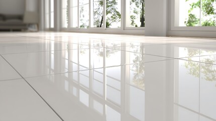 Shiny white tiled floor reflecting sunlight high resolution photo