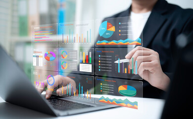 Digital business dashboard showing performance analytics summary charts pie graphs project...